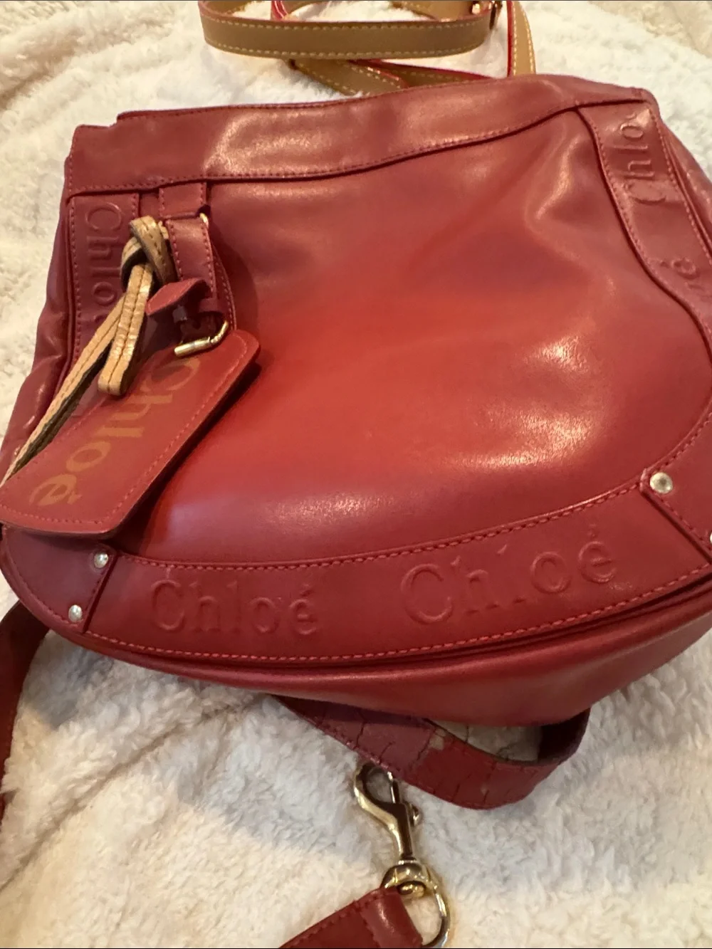 Chloe Red Leather Hobo with Logo Tag and tassel
